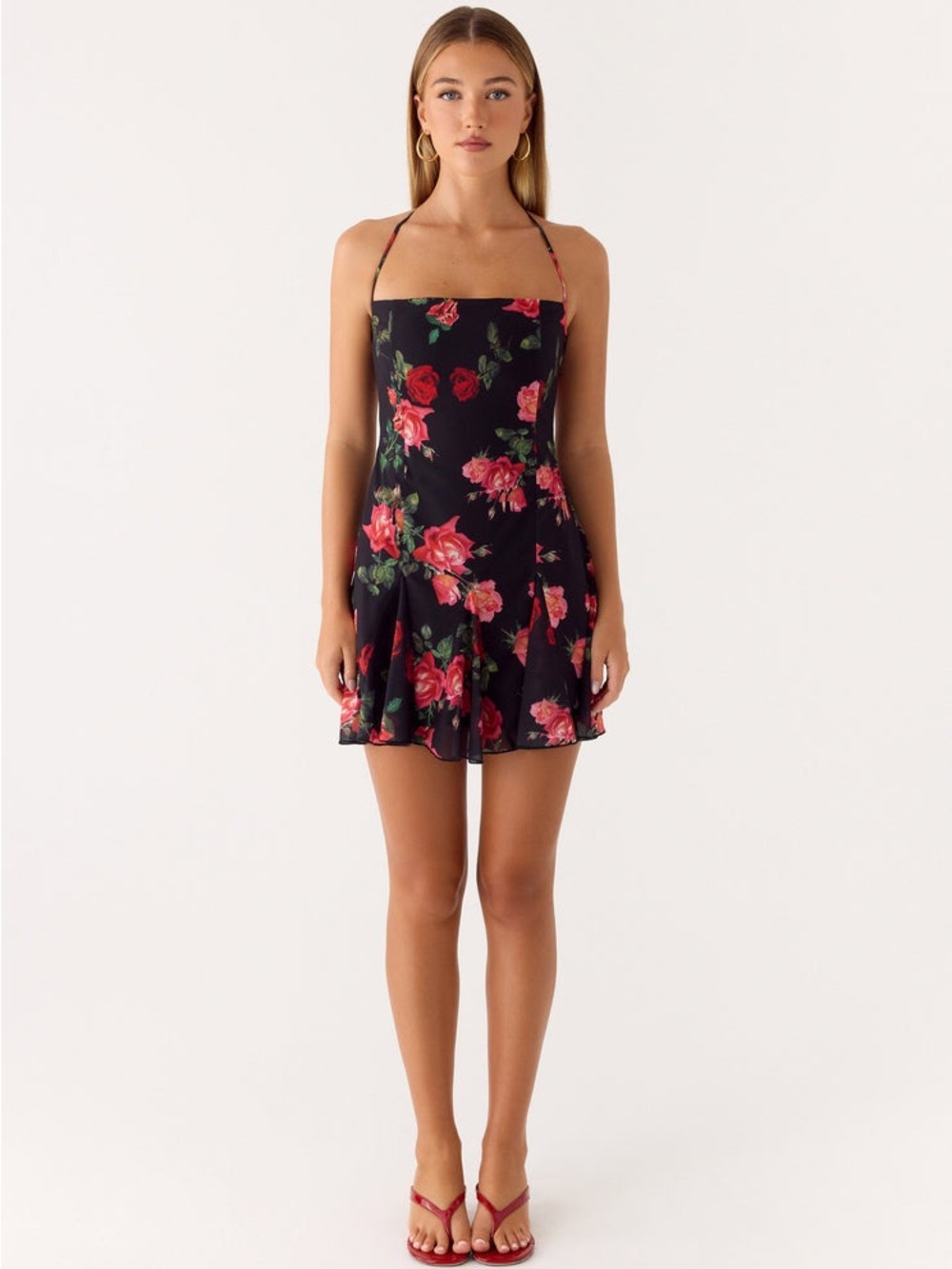 Peppermayo Black Mini Dress with Pink & Red Rose Print